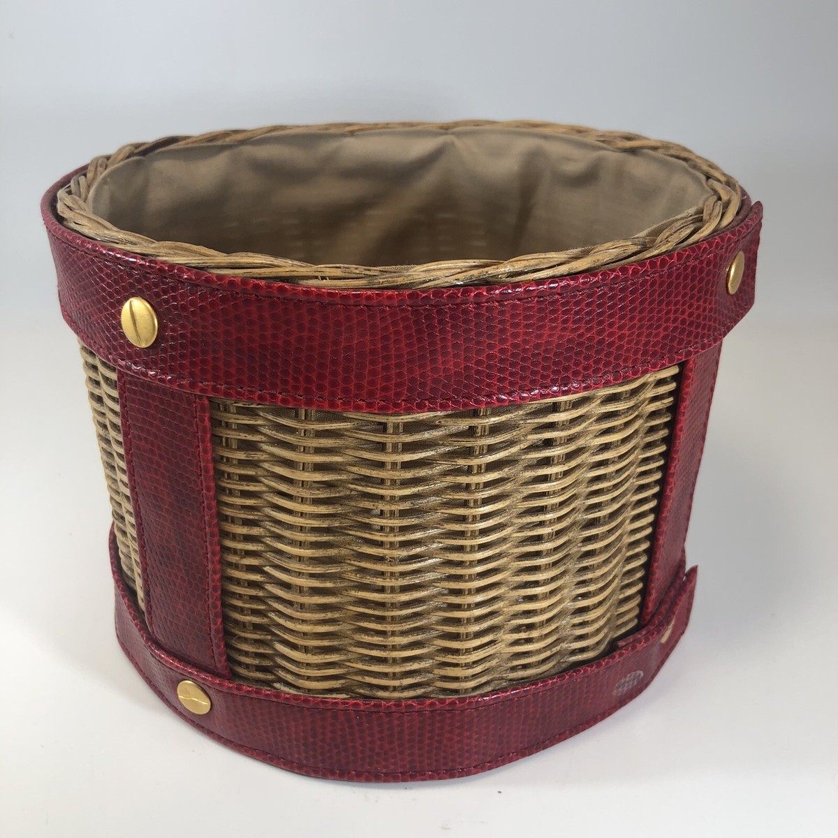 Wicker Basket w/ Red Faux Leather Trim & Cloth Liner, 5” T x 