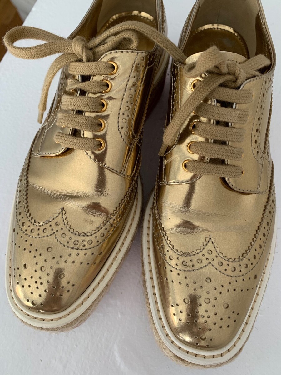 PRADA Brogue Platform Espadrille Oxford Wingtip Metallic Gold 9.5/US 10.5 $995 Prada | Shoes | Prada Brogue Platform Espadrille Oxford  main image 4