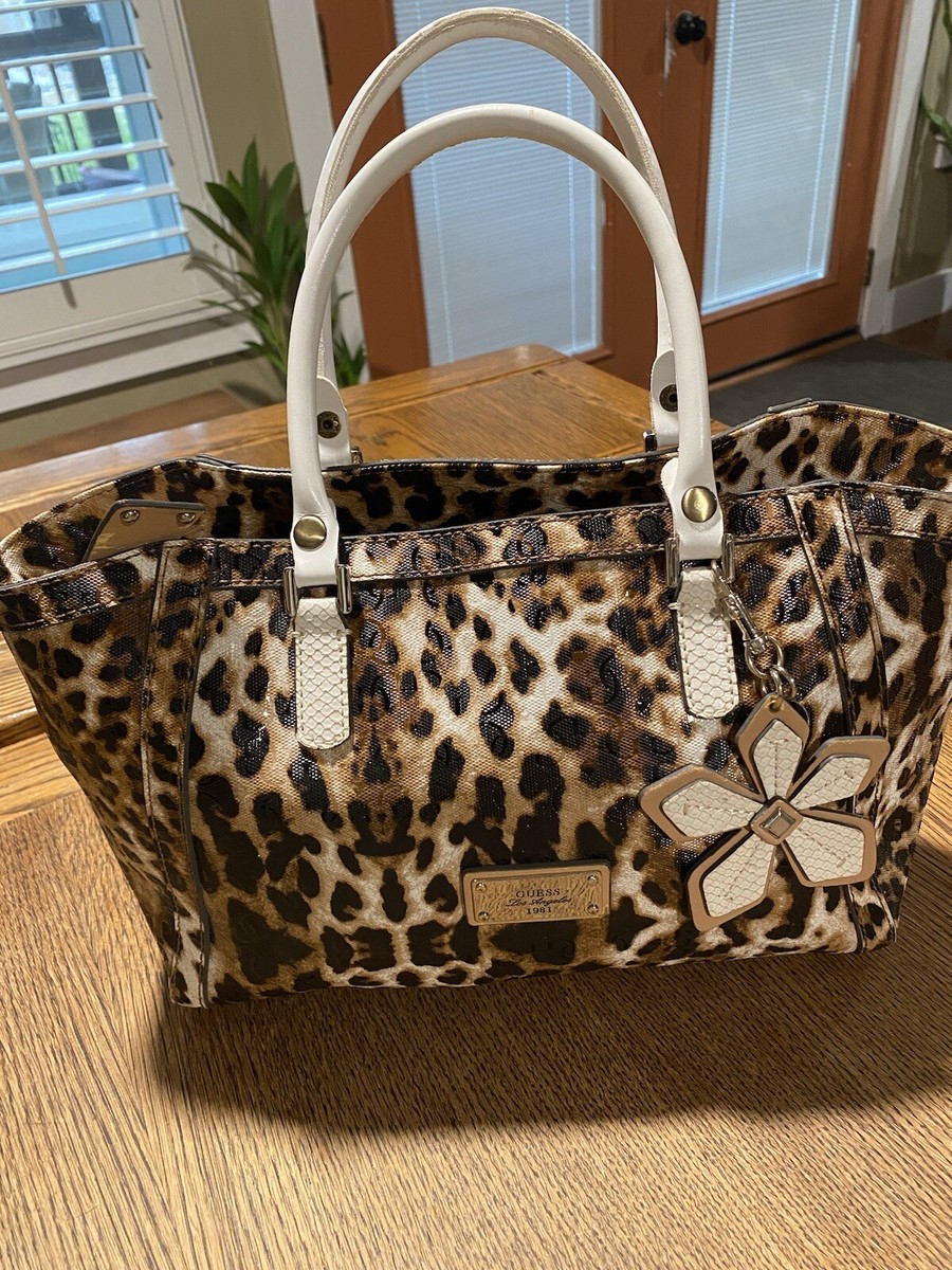 Guess Leopard Purse Tote Bag Flower Keychain Faux Snakeskin Handles