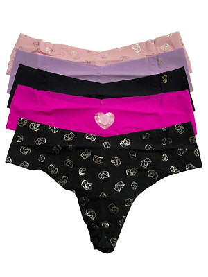 Victoria Secret No Show Thongs Womens Medium Raw Cut 5 Pairs Diamond Hearts