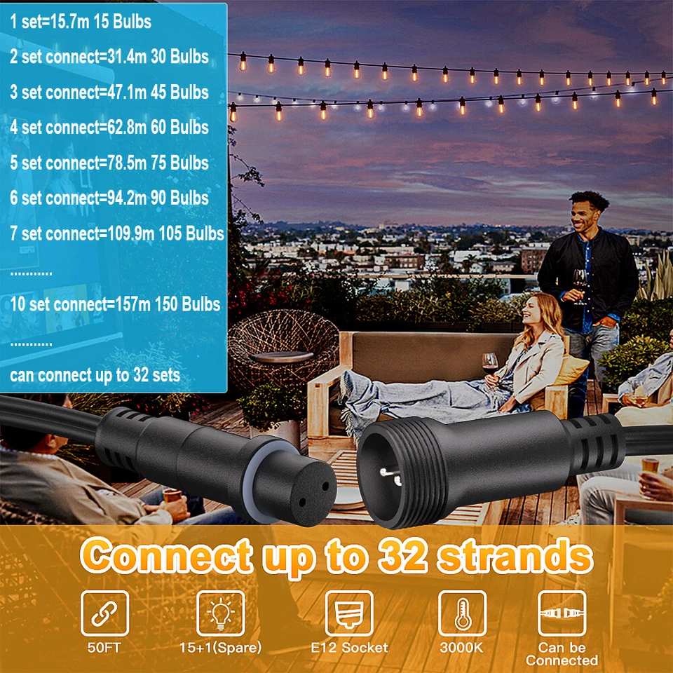 15.7M-157M Led Festoon String Lights Outdoor Dimmable Bulbs Xmas Wedding Party - image 3 of 4