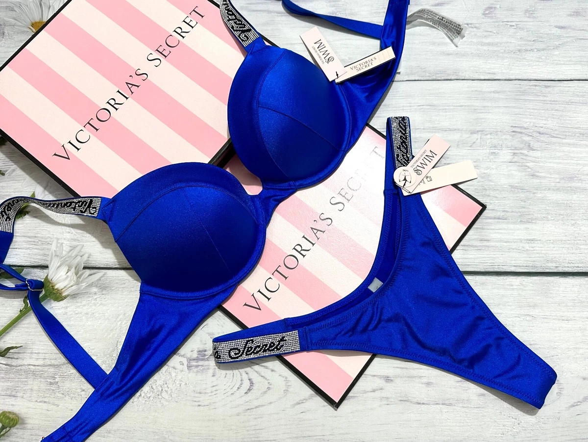 VICTORIA'S SECRET SWIM Shine Strap Sexy Tee Push-Up Bikini Thong Set Blue