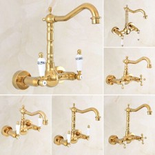 Gold Color Brass Bathroom Basin Sink Faucet Dual Handles Mixer Tap Wall Mount