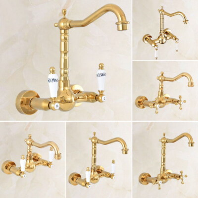 Gold Color Brass Bathroom Basin Sink Faucet Dual Handles Mixer Tap Wall Mount