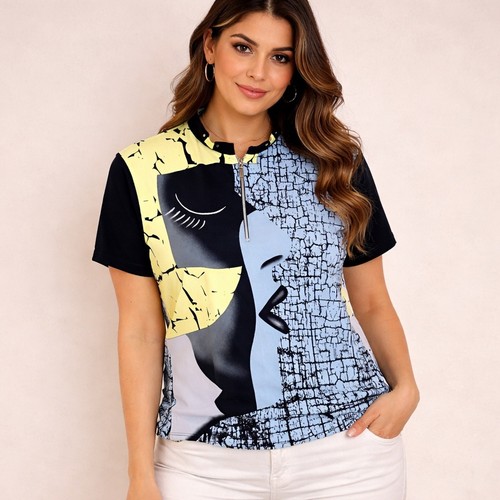 Jamie Sadock Womens XL Pop Art Face Golf Top Blue Yellow Black Quarter Zip Polo