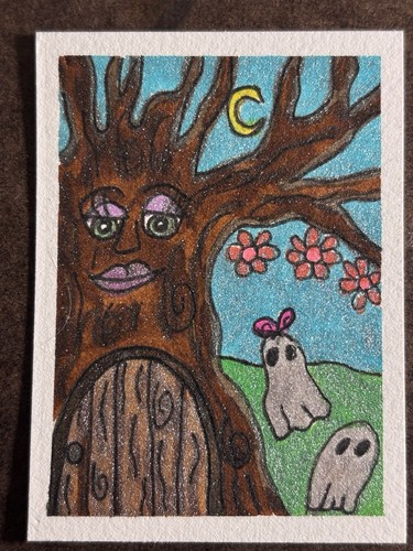 ACEO The Ghost's Treehouse Original Glitter Marker Stacy Hedrick Art 2.5X 3.5"