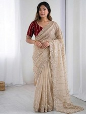 Women's Shimmer Georgette Scalloped Border Sequins Embroidery Saree with Blouse