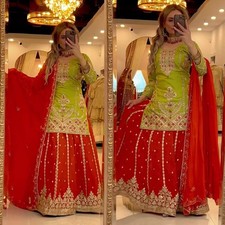 Traditional Style Chinnon Silk Top And Sharara With Dupatta For Reception Wear