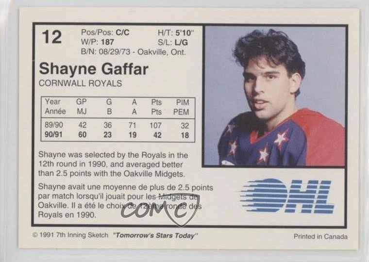 1991-92 7th Inning Sketch OHL Shayne Gaffar #12 - Image 2 of 2