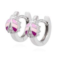 Paar MarienkäFer Klappcreolen 925 Silber Rose Lack. 12Mm Zirkonia Weiß Ohrringe