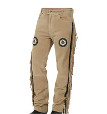 Men's Native American Beige Buckskin Suede Fringe Pants with Navajo Indian Beads