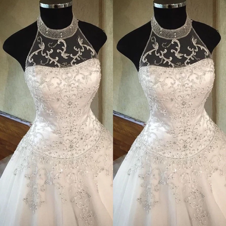 Beading Wedding Dresses Halter Neck Sweep Train Lace Applique A Line Bridal Gown - Image 3 of 4