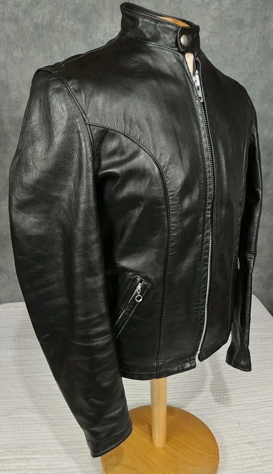 Chaqueta de motociclista vintage REED negra café racer de cuero pesado años 80 Foto 3 de 4
