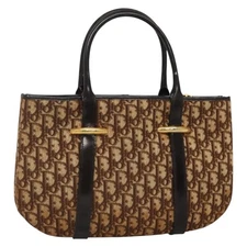 Christian Dior Trotter Canvas Hand Bag Brown Gold Auth 138806