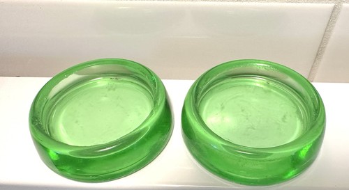 2 Vintage HAZEL ATLAS Green Uranium Glass Furniture Coasters 2 3/8” (read)