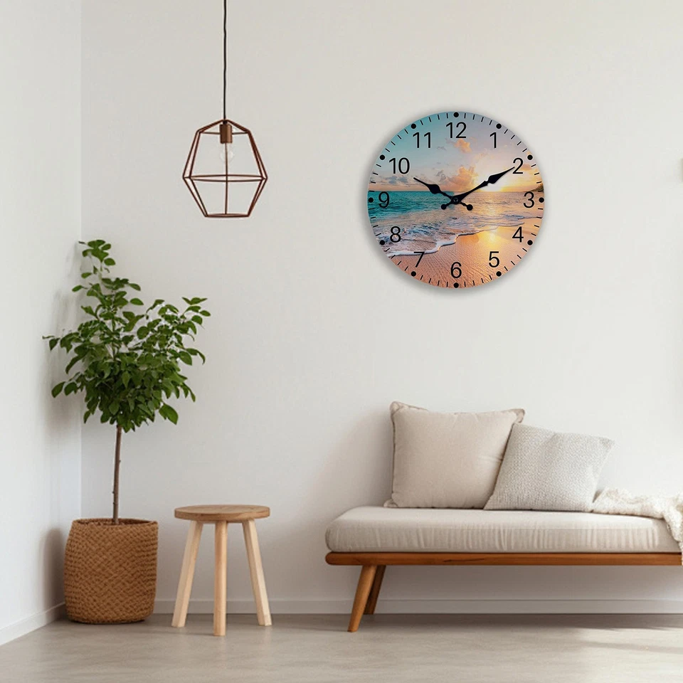 Reloj de pared de madera para playa atardecer grande silencioso reloj de cuarzo decoración de sala de estar Foto 4 de 4