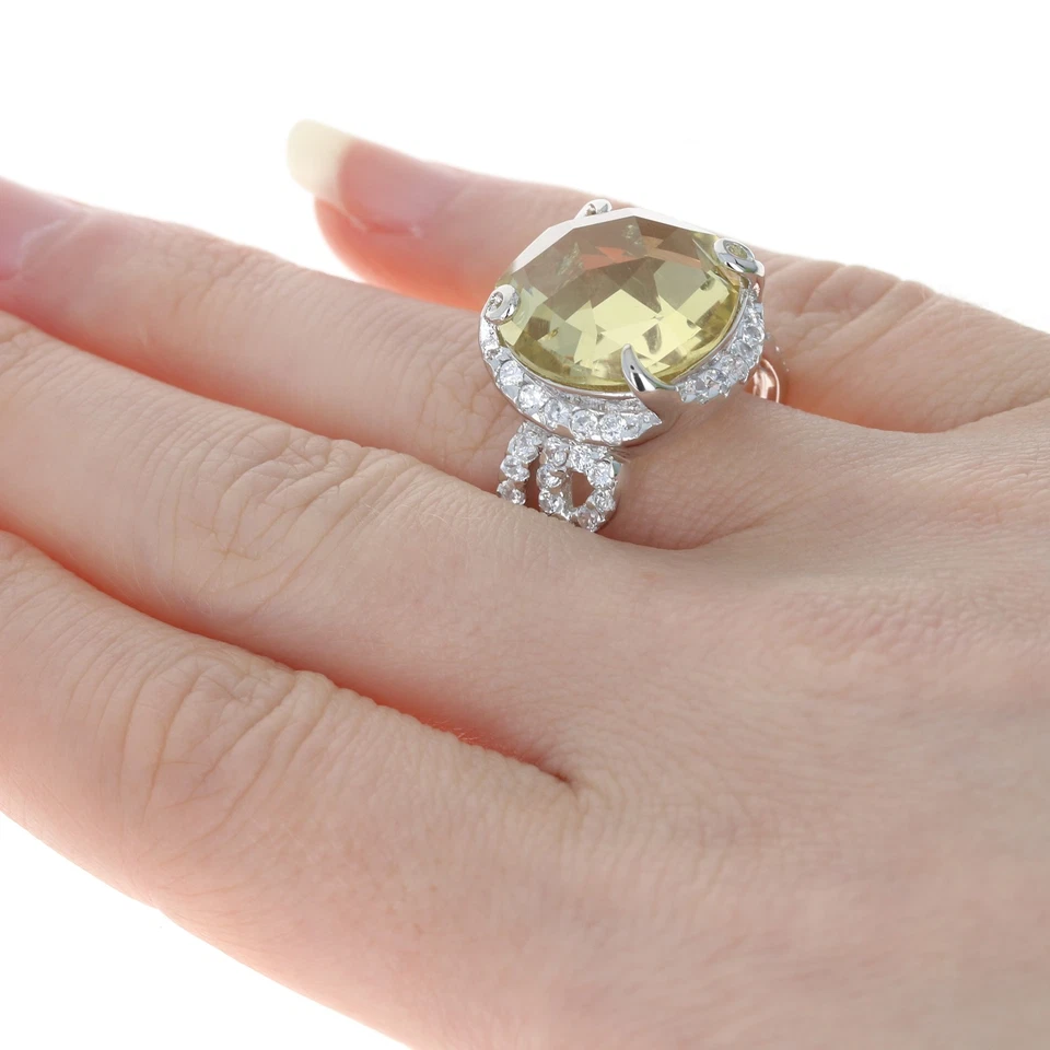 Argento Sterling Limone Quarzo E Zircone Cubico Halo Anello - 925 Rotondo - Immagine 4 di 4