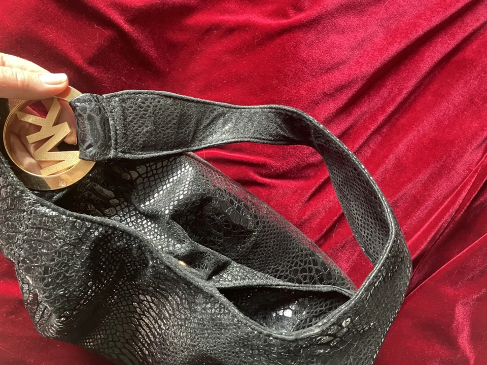 Michael Kors handbag black faux snakeskin with Gold Accents snap close - Image 4 of 4