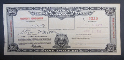Series of 1939 $1 Postal Savings System Certificate Allentown, PA Unpaid and UNC
