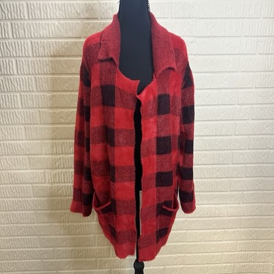 ALI MILES Sz XL Open Front Fly Away Cardigan Jacket Red Plaid Fall Soft Warm