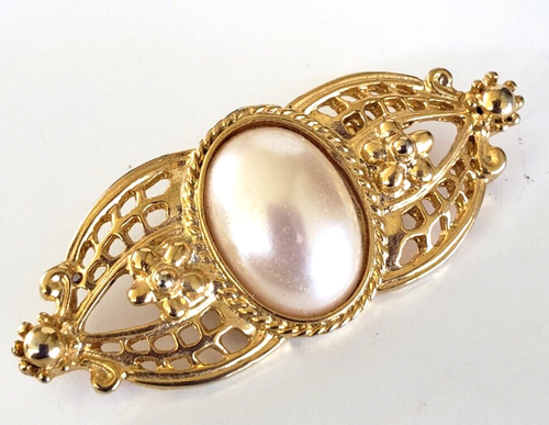 Vintage Faux Pearl Gold Tone Bar Pin 2" Romantic Jewelry Victorian Revival - 第 1/4 張圖片