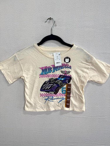 Hot Wheels Boxy Crop T-Shirt Girls SM (6-7) Ivory Graphic Round Neck Pullover