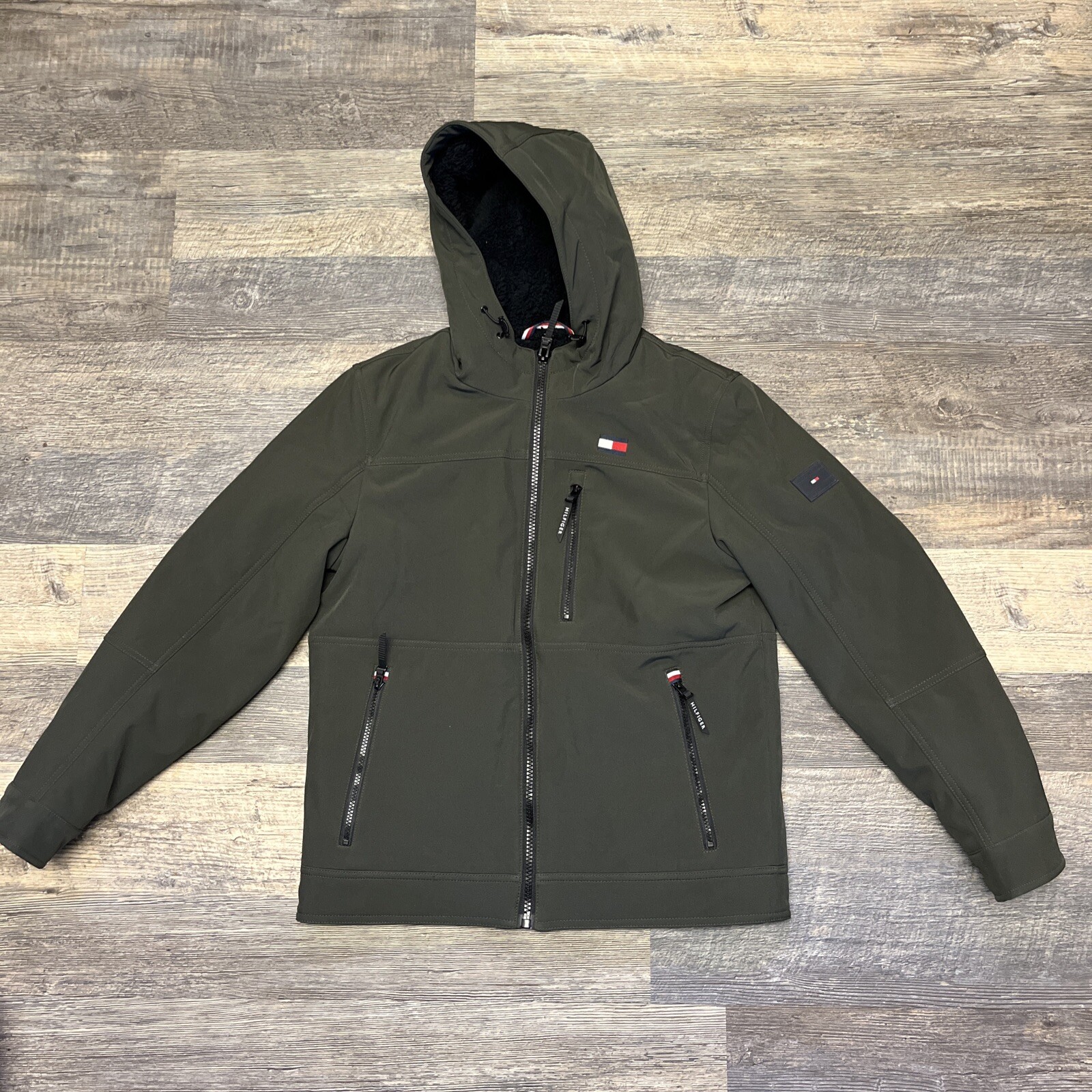 Tommy Hilfiger Mens Olive Sherpa-Lined Hooded Performance Jacket Size S  