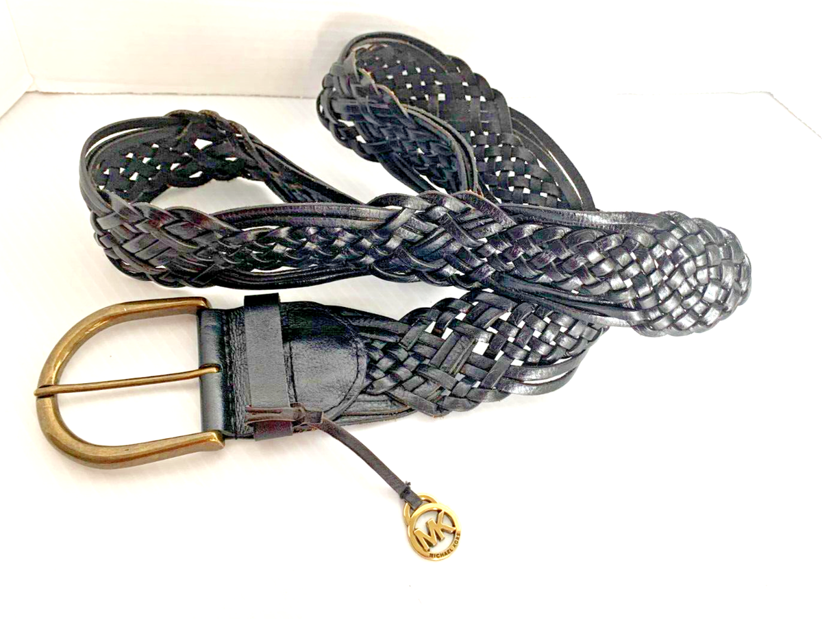 Michael Kors Belt Women L Black Woven Braided Leadther 