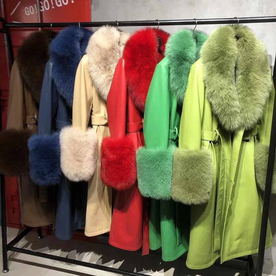 smooth leather trench coat fur cuff collar coat orange winter