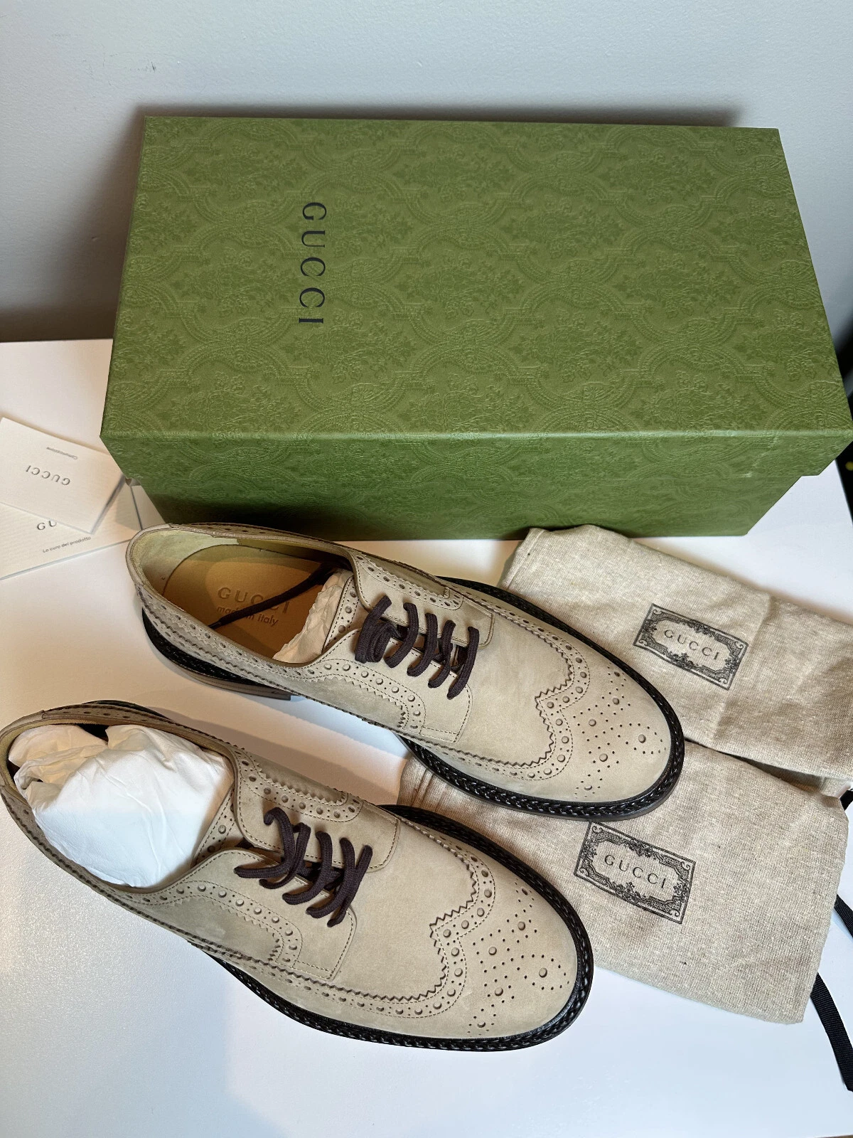 GUCCI Beige Nubuck Derby Wingtips Brogues 669830 Homme Taille UK 9, US 10,