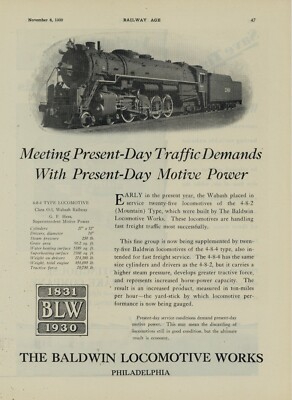 1930 Baldwin Lokomotive Works Anzeige: Motor 2910 mit Tender - Typ 4-4-8 - Wabash RY