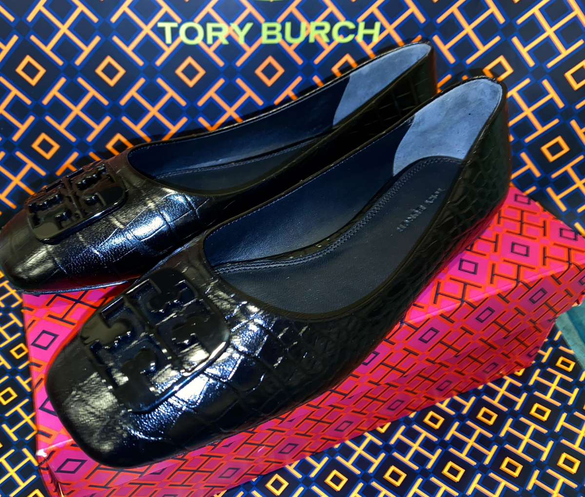 NIB Tory Burch Georgia Croc Embossed Leather Ballet Flat Shoes