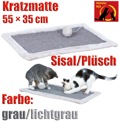 Trixie Kratzmatte mit Plüschrand grau mit Katzen-Spielzeug am Band Kratzbrett