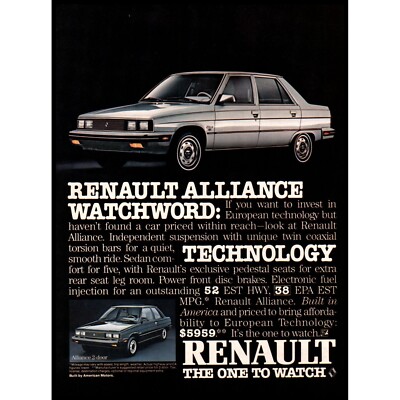1984 Renault Alliance Sedan Vintage Print Ad French Import Car 80s