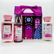 NEW SET BATH & BODY WORKS TRAVEL GIFT BOX SWEET PEA MIST, BODY LOTION+SHOWER GEL