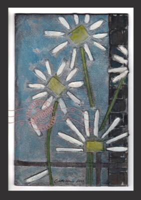 Daisies + Blue Sky 2021 C Peterson * Original Signed Painting * Cheerful Collage