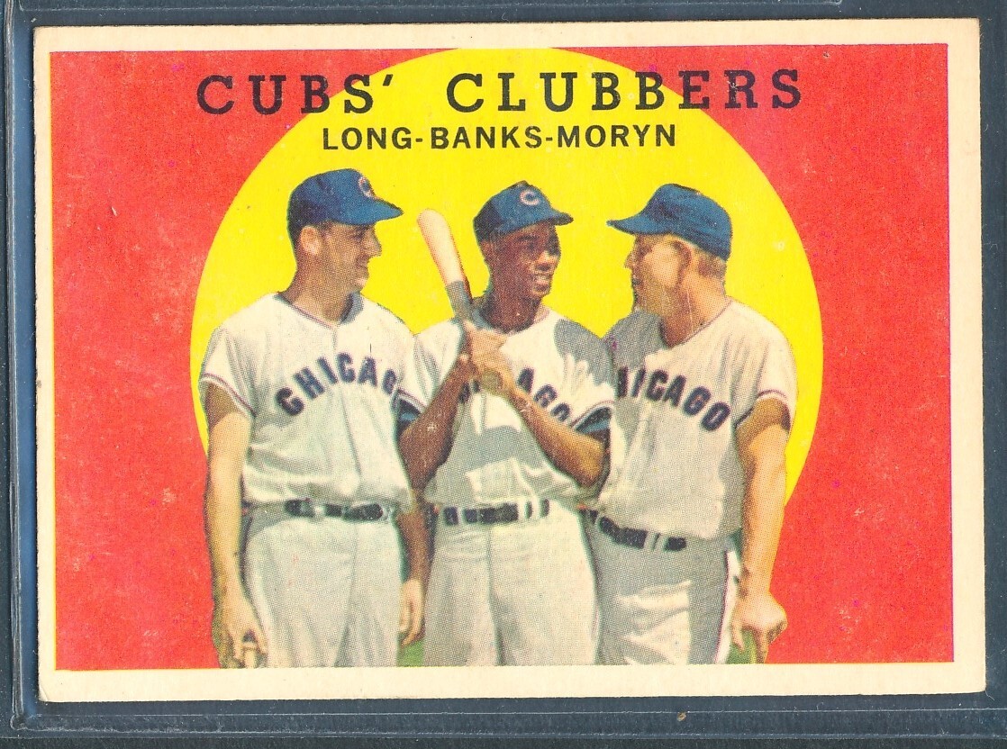 1959 Topps #147: CUBS' CLUBBERS Dale Long/ Ernie Banks/Walt Moryn