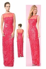 TADASHI SHOJI ILLUSIONS MESH SEQUIN LACE DEEP ROSE RED COLUMN GOWN sz 12