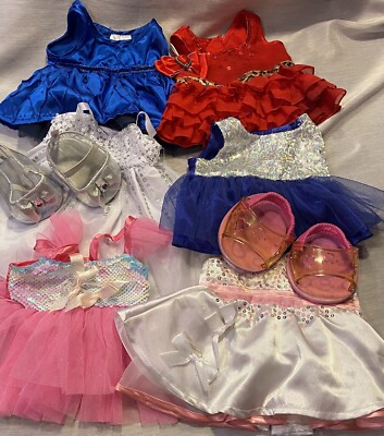 Build A Bear Fancy Gowns Costume Shoes Bows Dress Lot Red Blue White