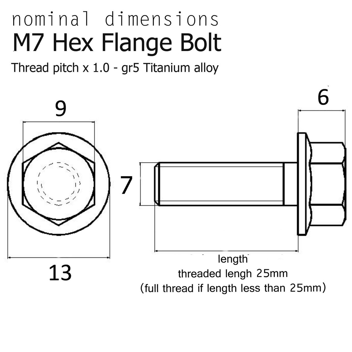 RaceTi M7 X 25mm Titanium Hex Flange Bolt – Gr5, Thread Pitch 1.0, Life Guarantee
