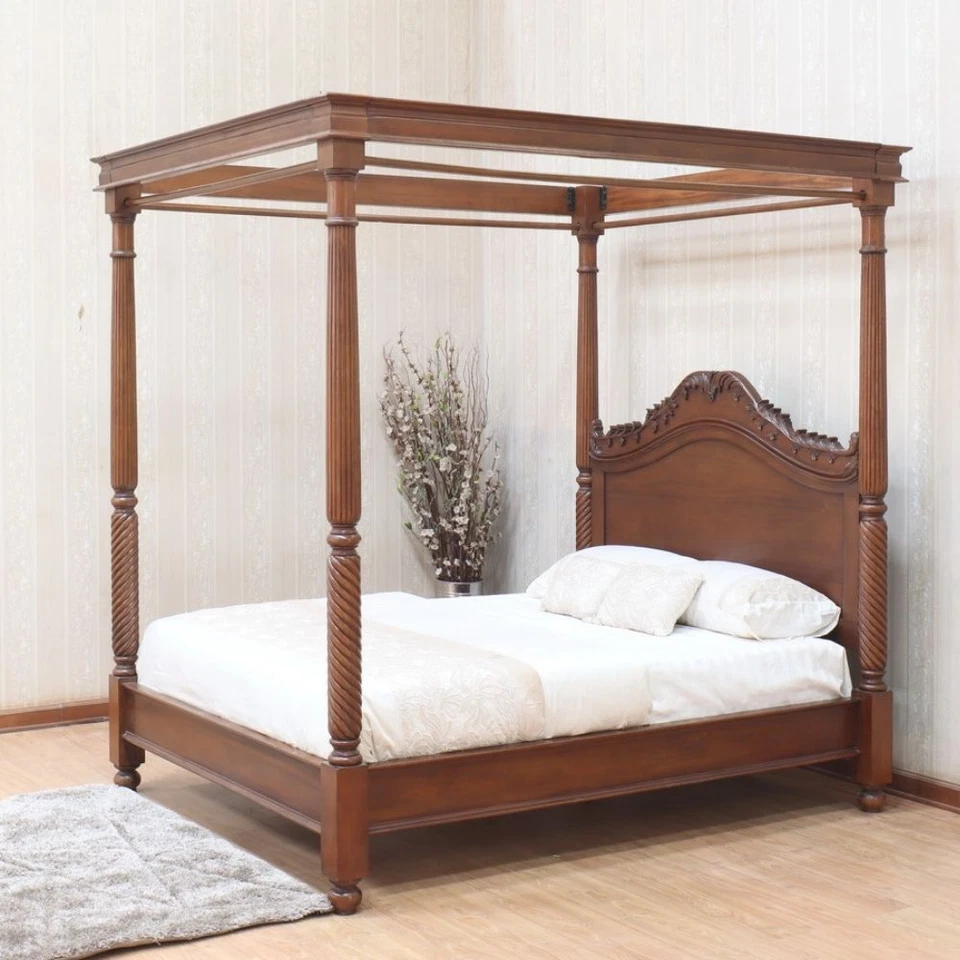 Solid Mahogany Hand Carved Georgian Four Poster Canopy Bed Low Footboard B042 - Image 3 of 4