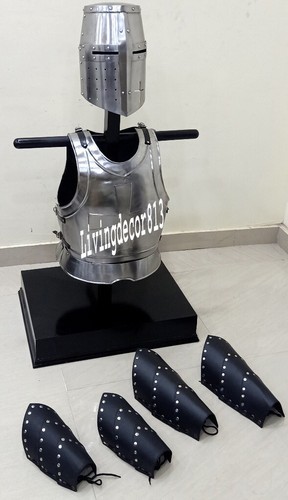 Medieval Chrome Finish Jacket Armor Templar Helmet With Arm & Leg Guard Hallowee - Picture 6 of 6