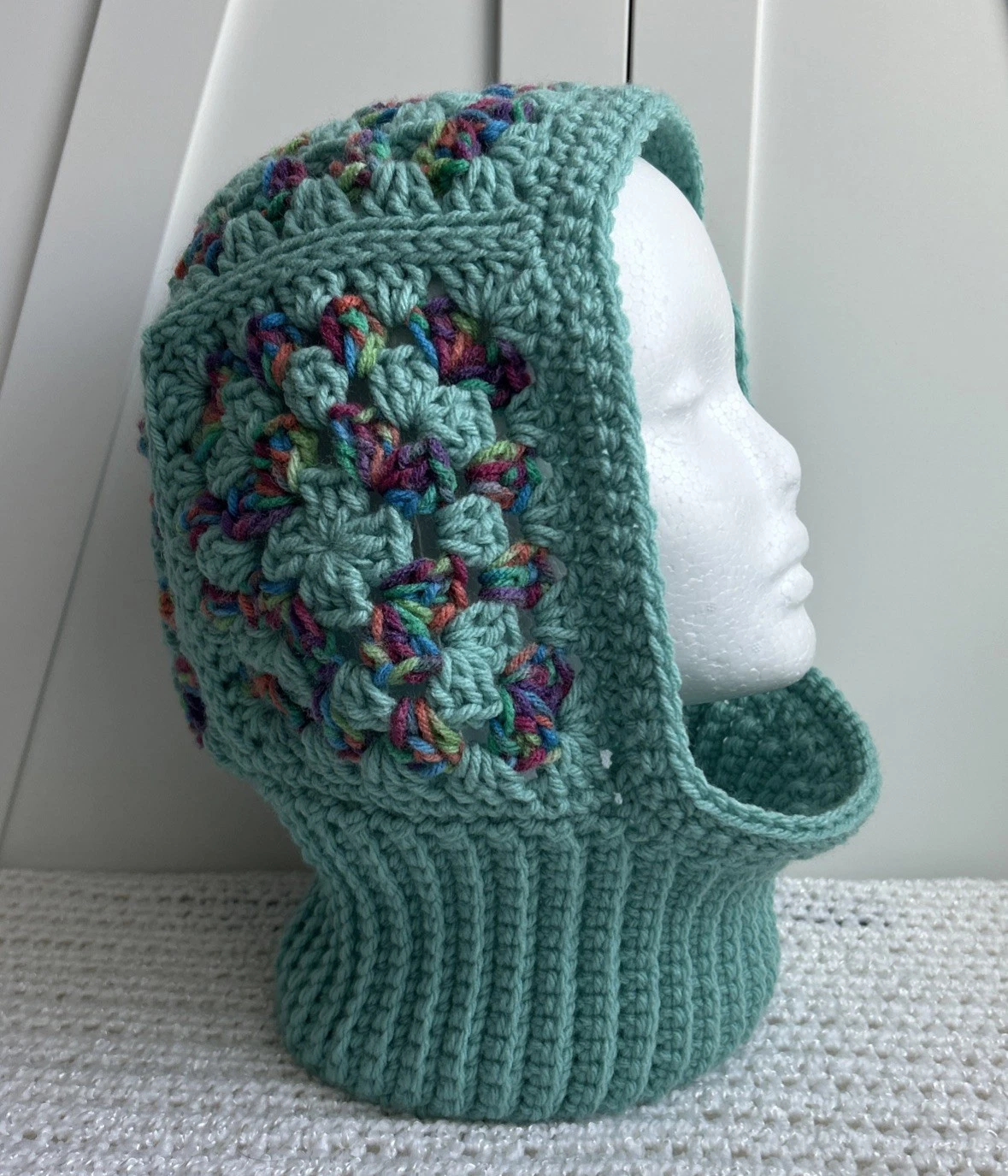 Crochet Balaclava Hood Teal Handmade Granny Square With Pops Of Color