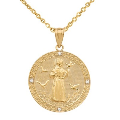 Gold St. Franz von Assisi Kreis gravierbares Medaillon Diamant Halskette (Medium)