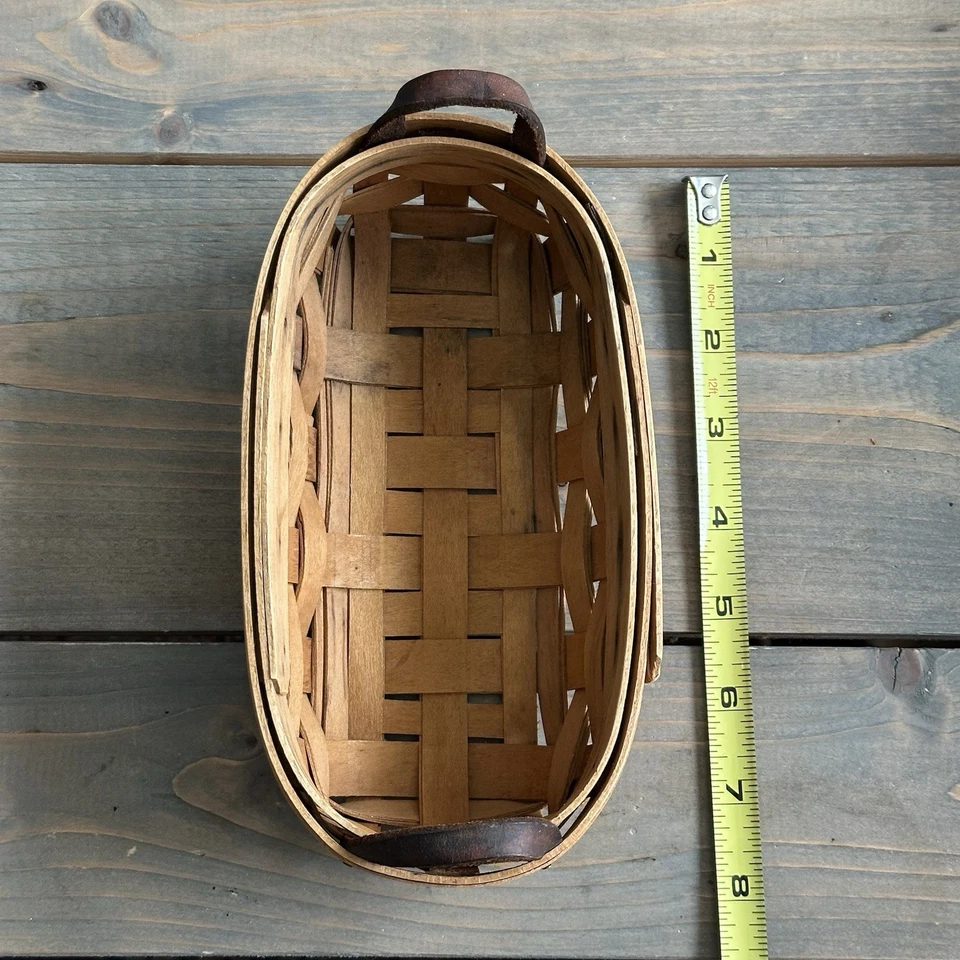 Винтажная чайная корзина Longaberger с кожаными ручками 8 x 3,5 дюйма чистая и подписанная 1998 - Изображение 3 из 4