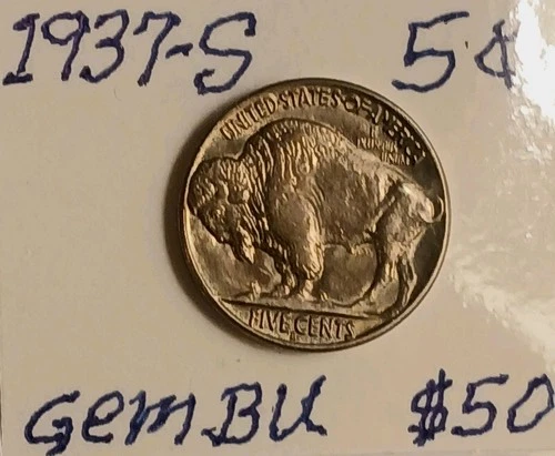 CHOICE WELL-STRUCK TONED 1937-S  BUFFALO GEM BU 5c W/ RAINBOW High-Lites