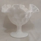 Vintage White Milk Glass Ruffled Edge Compote Footed Candy Dish