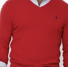 Polo Ralph Lauren Sweater XL Extra Large 100 Pima Cotton Red Navy Pony VNeck