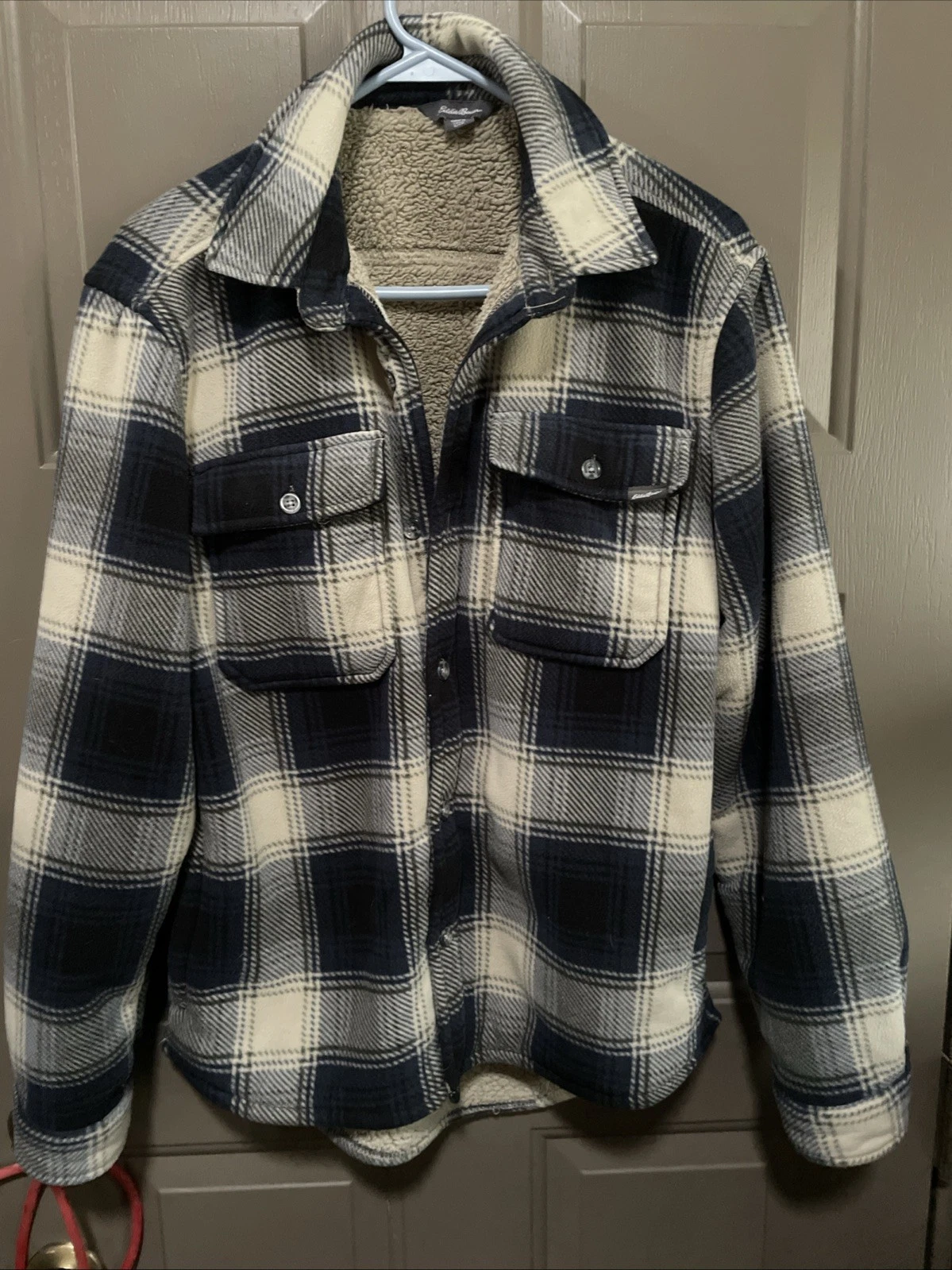 Eddie Bauer Jacket Men’s S Blue Gray Plaid Fleece Lined Outdoor Shirt Jacket
