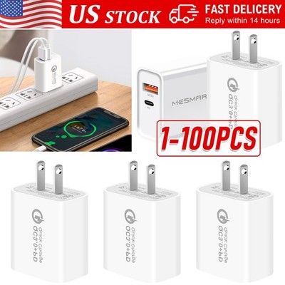 Lot 20W USB Charger 2 Ports Type C Home Fast Charging US Wall Charger Adapter